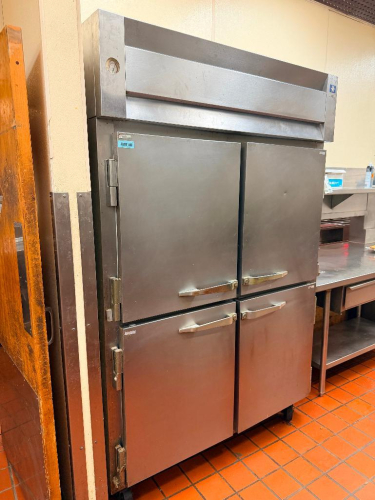 MCCALL FOUR-DOOR COMMERCIAL REACH-IN REFRIGERATOR WITH STAINLESS STEEL EXTERIOR, FOUR SOLID HINGED DOORS, ADJUSTABLE WIRE SHELVING, TOP-MOUNTED REFRIGERATION SYSTEM, AND BUILT-IN TEMPERATURE GAUGE