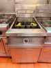 FRYMASTER COMMERCIAL NATURAL GAS DEEP FRYER WITH STAINLESS STEEL CABINET, OPEN FRYPOT, DUAL FRY BASKETS, MANUAL TEMPERATURE CONTROL, AND FRONT ACCESS SERVICE COMPARTMENT.