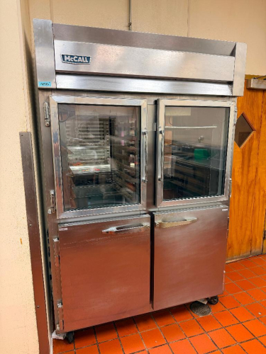 MCCALL COMMERCIAL TWO-SECTION REACH-IN REFRIGERATOR WITH STAINLESS STEEL EXTERIOR, FOUR-DOOR CONFIGURATION WITH TWO GLASS UPPER DOORS AND TWO SOLID LOWER DOORS, INTERIOR PAN/TRAY SLIDES, WIRE SHELVING, TOP-MOUNT REFRIGERATION SYSTEM, DIGITAL TEMPERATURE D