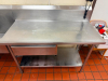 14' L X 28" D STAINLESS STEEL COMMERCIAL WORKTABLE AND TWO-COMPARTMENT SINK ASSEMBLY WITH INTEGRAL BACKSPLASH, LARGE WORK SURFACES, TWO DEEP SINK COMPARTMENTS, WALL-MOUNT FAUCET, TWO DRAWERS, LOWER STAINLESS STEEL STORAGE SHELVES, AND TUBULAR LEGS. - 2
