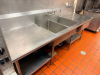 100" STAINLESS STEEL DOUBLE-COMPARTMENT SINK WITH INTEGRAL LEFT AND RIGHT DRAINBOARDS, HIGH BACKSPLASH, WALL-MOUNTED FAUCET, DUAL DRAINS, TUBULAR LEGS, AND LOWER UNDERSHELVES - 2