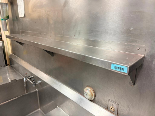 69" WIDE X 8" STAINLESS STEEL OVER SHELF WITH RAISED REAR EDGE AND HEAVY-DUTY TRIANGULAR WALL SUPPORT BRACKETS
