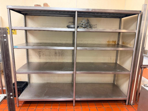 96" WIDE X 28" STAINLESS STEEL HEAVY-DUTY OPEN SHELVING UNIT WITH (5) FULL-WIDTH SHELF LEVELS, INCLUDING TOP SHELF, WELDED TUBULAR FRAME CONSTRUCTION AND ADJUSTABLE BULLET FEET.