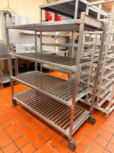 55" W X 25" D MOBILE STAINLESS STEEL 5-TIER SHEET PAN / TRAY RACK WITH OPEN-SLAT SHELVES, HEAVY-DUTY WELDED FRAME AND FOUR SWIVEL CASTERS.