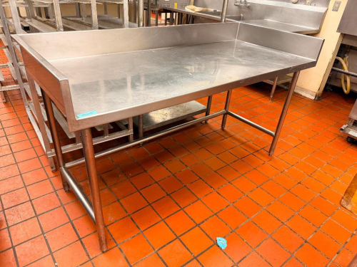 71" W X 30" D HEAVY-DUTY STAINLESS STEEL WORK TABLE WITH THREE-SIDED RAISED BACKSPLASH, WELDED TUBULAR LEG FRAME AND CROSS-BRACING