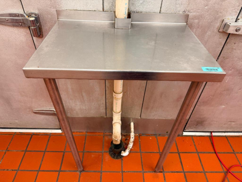 18" W X 27" STAINLESS STEEL COMMERCIAL WORK TABLE WITH FLAT WORK SURFACE, REAR BACKSPLASH, OPEN BASE AND FOUR TUBULAR LEGS.