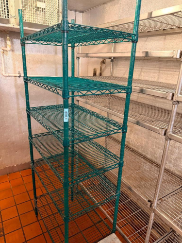 18" D X 30" W GREEN EPOXY-COATED WIRE SHELVING UNIT WITH (5) ADJUSTABLE WIRE SHELVES AND (4) POST CONSTRUCTION. OPEN-WIRE DESIGN WITH ADJUSTABLE SHELF COLLARS.