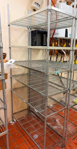 48" W X 20" D HEAVY-DUTY WIRE SHELVING UNIT WITH (6) ADJUSTABLE WIRE SHELVES AND FOUR-POST CONSTRUCTION.