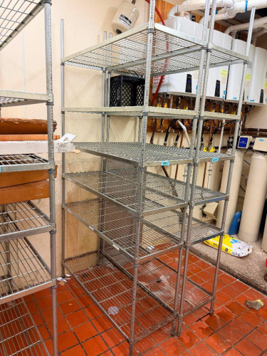 48" W X 20" D HEAVY-DUTY WIRE SHELVING UNIT WITH (6) ADJUSTABLE WIRE SHELVES AND FOUR-POST CONSTRUCTION.