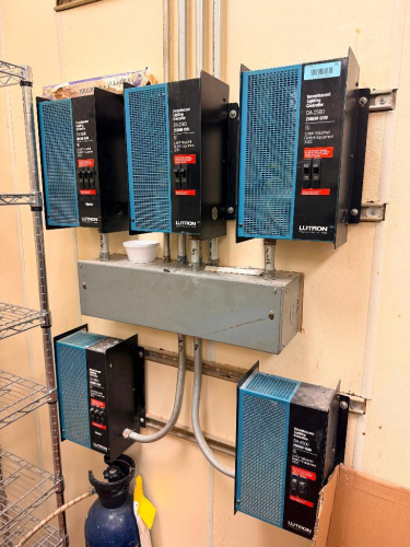 (5) WALL-MOUNTED INCANDESCENT LIGHTING CONTROLLERS WITH METAL ENCLOSURES, VENTILATED FRONT COVERS, INTEGRAL CIRCUIT BREAKERS AND ASSOCIATED ELECTRICAL JUNCTION BOX AND CONDUIT.