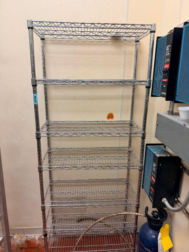 30" W X 16" CHROME WIRE SHELVING UNIT WITH (7) ADJUSTABLE WIRE SHELVES AND FOUR POST CONSTRUCTION
