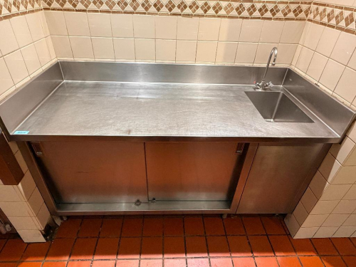 72" WIDE X 30" CUSTOM FABRICATED COMMERCIAL STAINLESS STEEL WORKTABLE WITH INTEGRATED SQUARE SINK, HIGH-RISE FAUCET, RAISED BACK AND SIDE SPLASHES, LARGE WORK SURFACE AND ENCLOSED STAINLESS STEEL BASE WITH SLIDING ACCESS DOORS.
