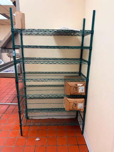48" WIDE X 18" GREEN EPOXY-COATED WIRE SHELVING UNIT WITH SEVEN ADJUSTABLE WIRE SHELVES AND FOUR GROOVED POST UPRIGHTS. OPEN-WIRE CONSTRUCTION WITH ADJUSTABLE SHELF COLLARS.