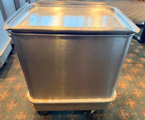 HEAVY DUTY STAINLESS INGREDIENTS BIN W/ LID. ( ON CASTERS )