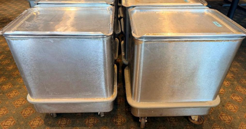 (2) HEAVY DUTY STAINLESS INGREDIENTS BIN W/ LID. ( ON CASTERS )