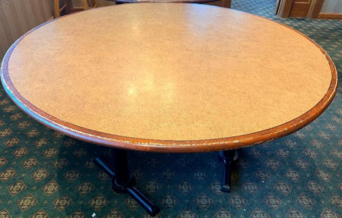 60" ROUND COMPOSITE TOP TABLE W/ (3) METAL BASES.