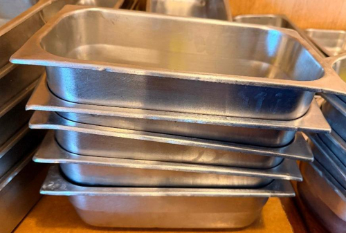 (5) 1/3 SIZE STAINLESS INSERTS.(HEAVY GAUGE STAINLESS)