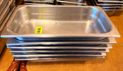 (6) 1/3 SIZE STAINLESS INSERTS.(HEAVY GAUGE STAINLESS)