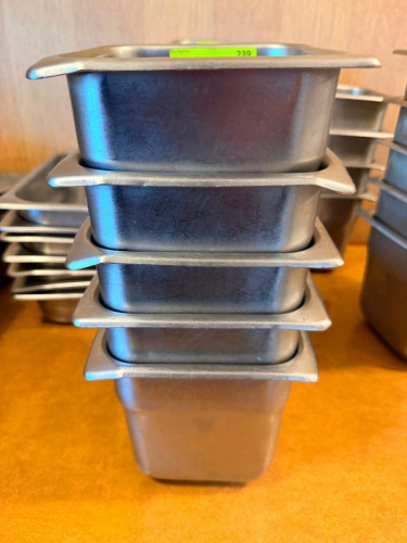 (5) 1/6TH SIZE STAINLESS INSERTS.(HEAVY GAUGE STAINLESS)