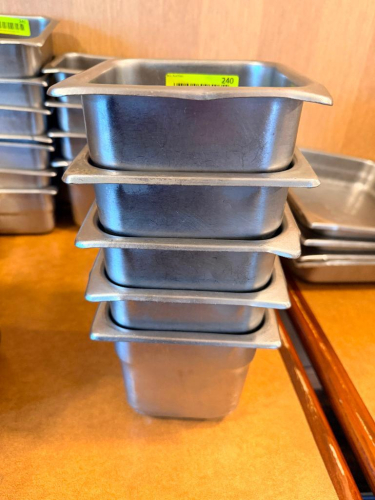 (5) 1/6TH SIZE STAINLESS INSERTS.(HEAVY GAUGE STAINLESS)