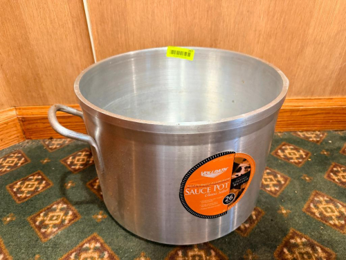 (2) ALUMINUM STOCK POT WITH DUAL LOOP SIDE HANDLES. HEAVY-GAUGE ALUMINUM CONSTRUCTION WITH ROLLED TOP RIM.
