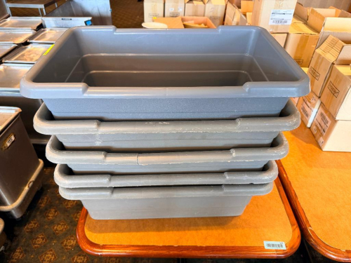 (5) GREY PLASTIC MEAT LUGS.