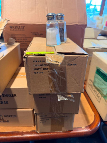 (3) BOXES OF GLASS SALT AND PEPPER SHAKERS.