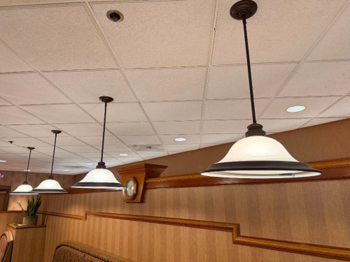 (4) PENDANT LIGHT FIXTURES W/ GLASS SHADES.