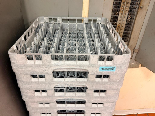 (13) PLASTIC DISH WASHER RACKS AND (1) DOLLY.