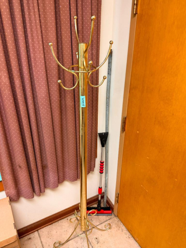 BRASS COLORED COAT RACK.