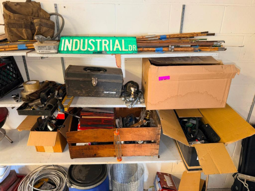 (1) ASSORTED LOT OF HAND TOOLS, TOOLBOXES & INDUSTRIAL ROAD SIGN