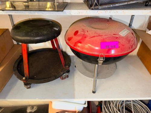 (1) ROLLING MECHANIC STOOL AND PORTABLE CHARCOAL GRILL