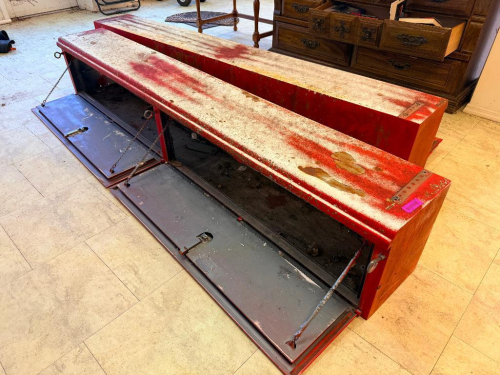 (2) WOODEN STORAGE BENCH CHEST WITH HINGED FRONT PANELS