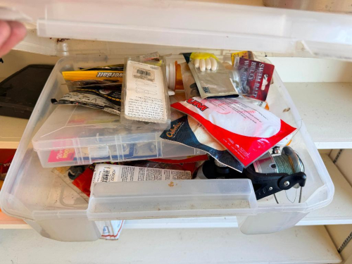 (1) ASSORTED LOT OF FISHING TACKLE, LURES, LINE & TACKLE BOX