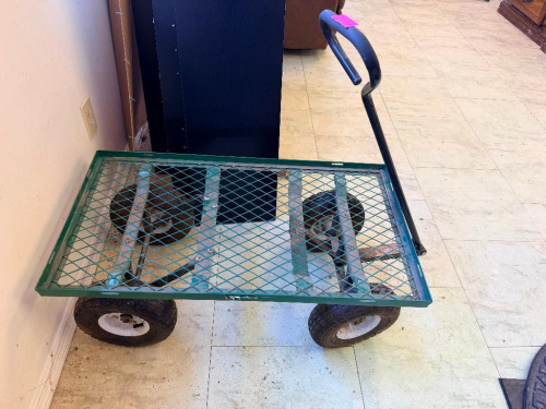 (1) GREEN METAL MESH UTILITY GARDEN CART WITH PNEUMATIC TIRES