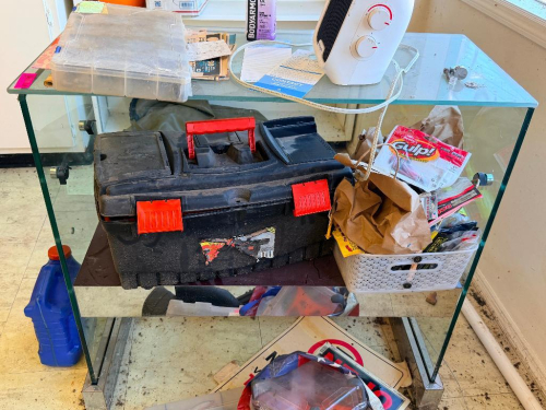 (1) ASSORTED LOT OF TOOLS, TOOLBOX, HOUSEHOLD SUPPLIES & METAL SHELVING