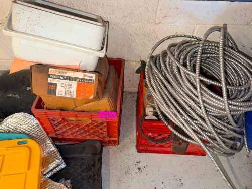 (1) ASSORTED LOT OF FLEXIBLE METAL CONDUIT, ELECTRICAL SUPPLIES & STORAGE BINS