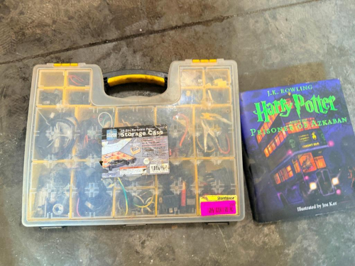 (1) ASSORTED LOT OF HARDWARE & FASTENERS WITH STORAGE ORGANIZER AND HARRY POTTER AND THE PRISONER OF AZKABAN BOOK
