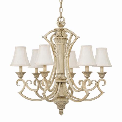 (1) AGED PARCHMENT 6-LIGHT CHANDELIER WITH SILK SHADES