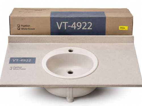 1) UNDERMOUNT SINK AND COUNTERTOSP ASSEMBLY WITH ROUND WHITE BASIN AND INTEGRATED BACKSPLASH. COUNTERTOP HAS A LIGHT NEUTRAL SPECKLED FINISH. ITEM IS STORED IN ORIGINAL PACKAGING