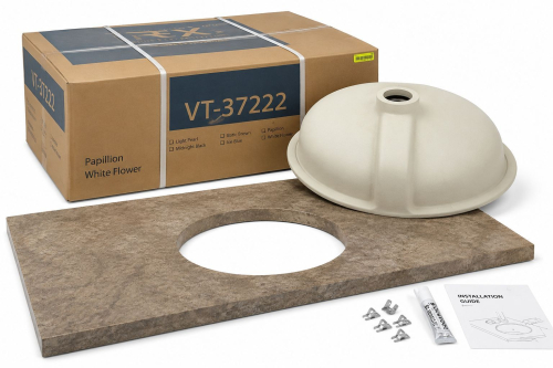 1) UNDERMOUNT SINK AND COUNTERTOSP ASSEMBLY WITH ROUND WHITE BASIN AND INTEGRATED BACKSPLASH. COUNTERTOP HAS A LIGHT NEUTRAL SPECKLED FINISH. ITEM IS STORED IN ORIGINAL PACKAGING