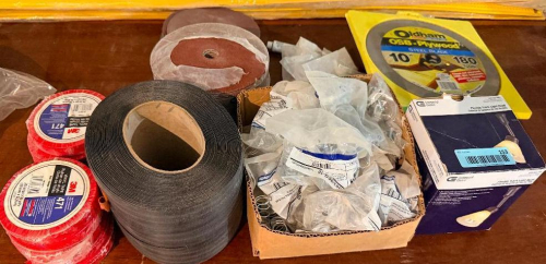 (1) ASSORTED LOT OF TAPES, ABRASIVES & ELECTRICAL SUPPLIES