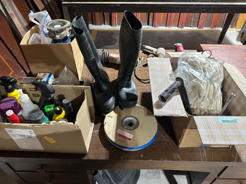 (1) ASSORTED LOT OF MAINTENANCE CHEMICALS, CLEANERS, WIRE CONNECTORS & RUBBER BOOTS