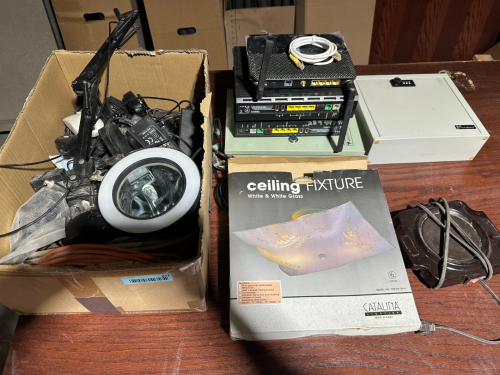 (1) ASSORTED LOT OF ELECTRONICS, ROUTERS, POWER ADAPTERS, LIGHTING & ELECTRICAL EQUIPMENT
