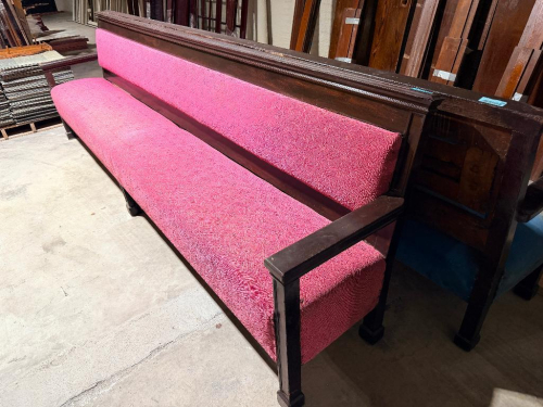 (1) WOOD CHURCH PEW WITH RED UPHOLSTERED SEAT & BACK