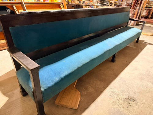 (1) WOOD CHURCH PEW WITH BLUE UPHOLSTERED SEAT & BACK