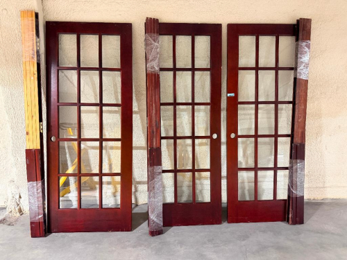 (3) WOOD 15-LITE GLASS FRENCH DOORS WITH TRIM