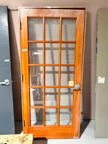 (1) GLASS WOOD DOOR & ASSORTED WOOD TRIM