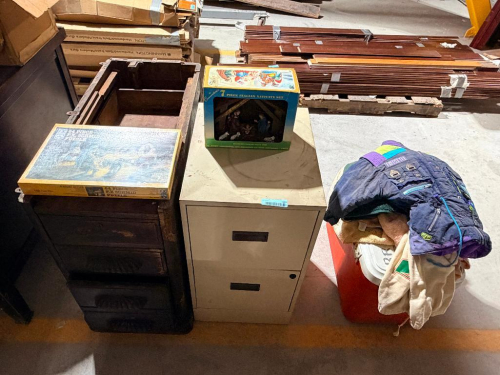 (1) ASSORTED LOT OF FILE CABINETS, PUZZLES, GAMES & CLOTHING