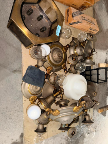 (1) ASSORTED LOT OF VINTAGE LIGHT FIXTURES, SCONCES, GLOBES & LIGHTING PARTS